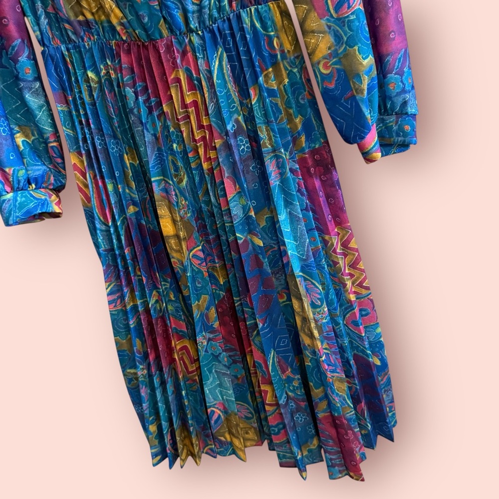 Vintage 80s Pleated Midi Dress | Jewel Tone Abstract Print Button Front - Picture 2 of 6